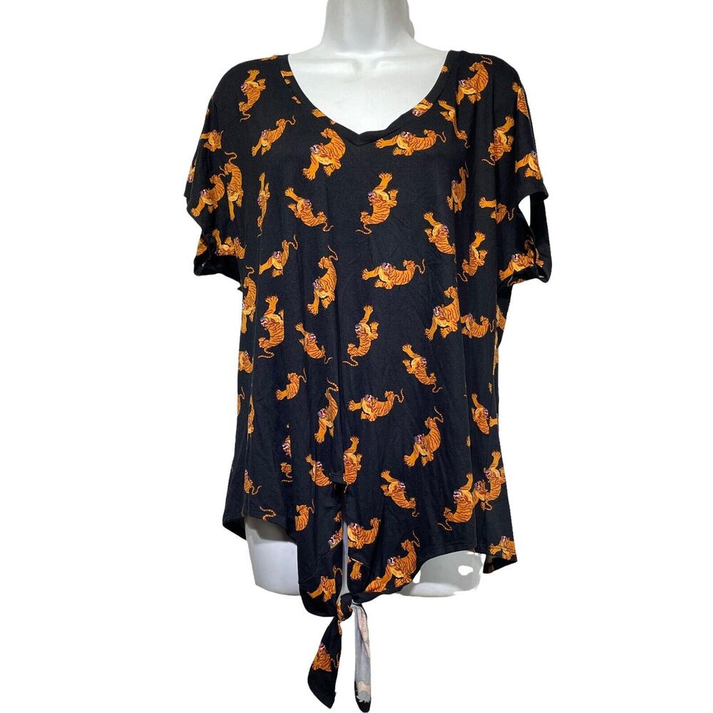 lovely bubbly black orange tiger print front tie blouse Plus Size 2X